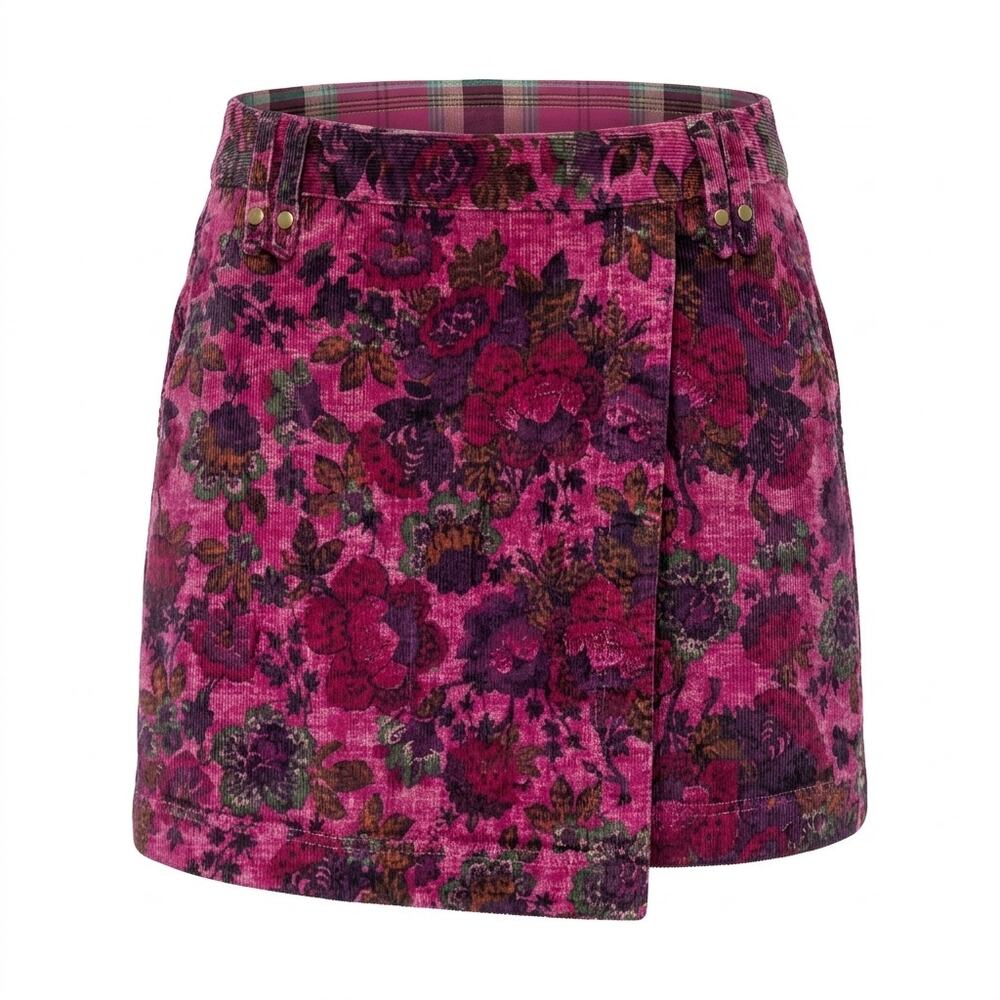 Pilcro Pink Floral Corduroy Wrap Mini Skirt Pockets Women Size 14